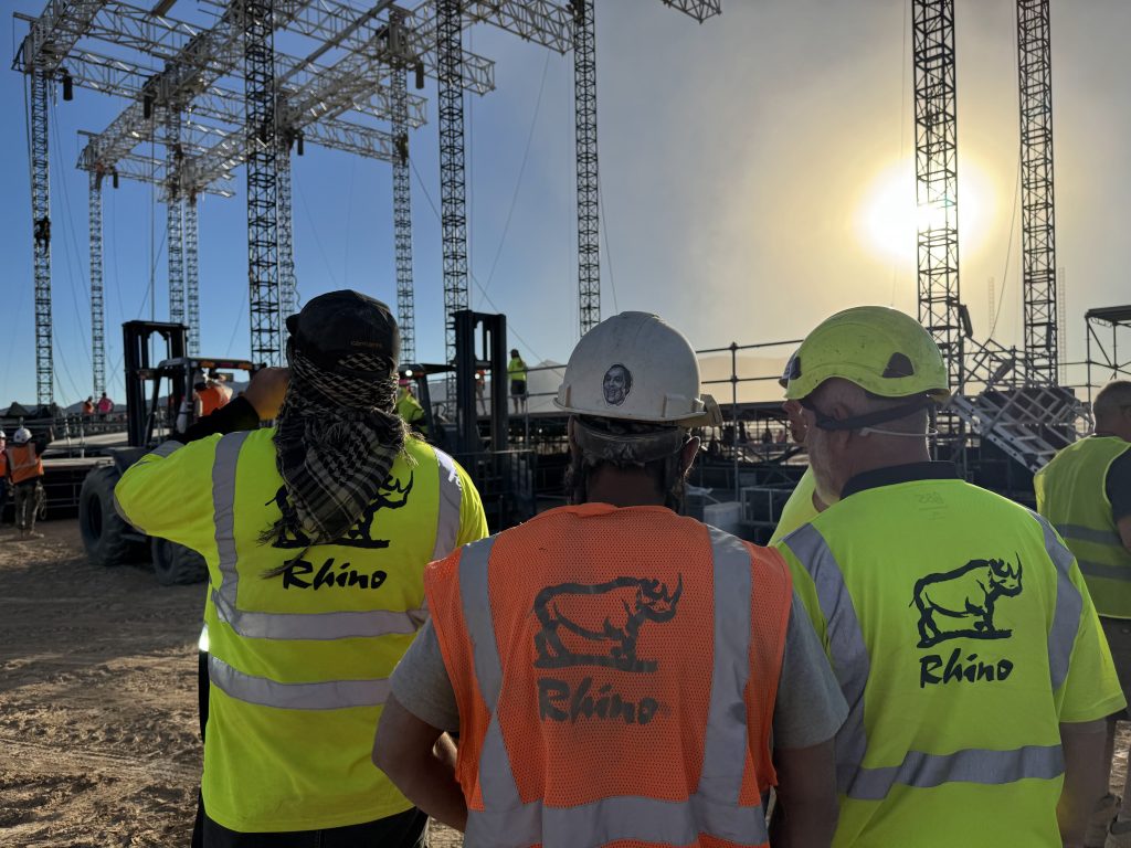 Rhino Nevada on site for the 2025 RISE Festival at the Jean Dry Lake Beds area outside of Las Vegas. 2025 marked the tenth year of the festival. The Horizon stage, as seen here in the background, is one of three festival areas.